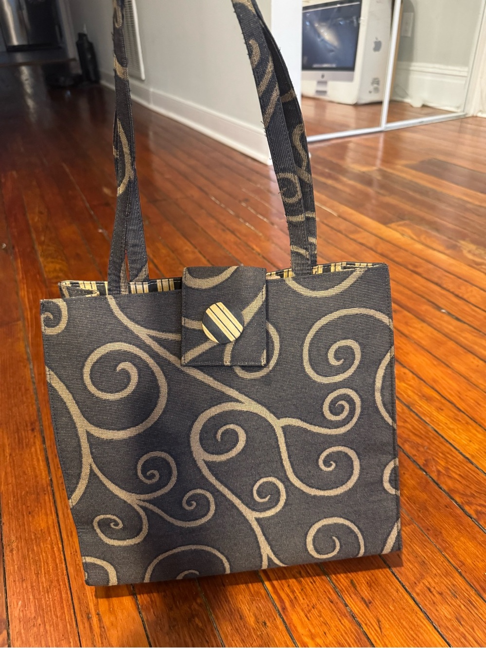 Black & Gold Swirl Shoulder Bag with Decorative Button